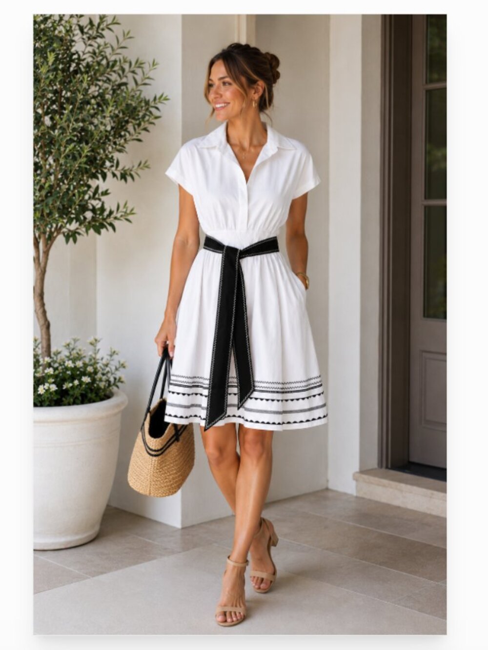 BCBGMAXAZRIA White Collared Shirt Dress w/Black Embroidered Belt | Size 8
